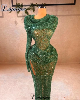2 Zöld sellő báli ruhák oldalsó hasított kristályokkal Egy váll Dubai koktélruhák Party ruhák Vestidos De Noche Kép