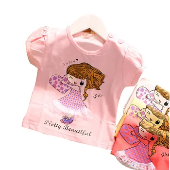 2015 új nyári gyermek pólók Koreai stílusú Zhenmian pánt nélküli rövid ujjú csipke póló pamut gyerekek 0-3 éves lány póló Kép