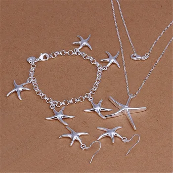 925 sterling ezüst Pretty Fine tengeri csillag medál karkötő nyaklánc fülbevaló ékszer szett nőknek Divatparti karácsonyi ajándékok Kép