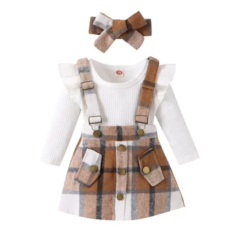 Baby Girl Fall 2PC Outfit Set Long Sleeve Romper Plaid Suspender Szoknya Fejpánt Set Újszülött ruhák Kép