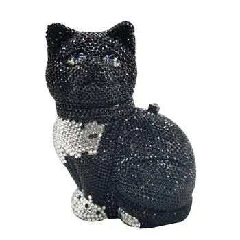 Boutique De FGG Mini fekete macska alakú női kristály tengelykapcsoló estélyi táskák kézzel készített gyémánt Minaudiere kézitáska party esküvői pénztárca Kép