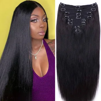 Clip In Hajhosszabbítás valódi emberi haj 8db hajhosszabbítás 120g 100% emberi egyenes puha haj természetes fekete szín nőknek Kép