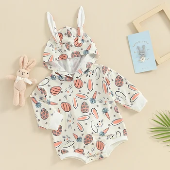 Csecsemő baba kapucnis romper ruha rövid ujjú body, 3D nyúlfülek Újszülött húsvéti ruhák Kép