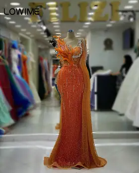 Dubai narancssárga flitterek Sellő estélyi ruhák egy válljal Köpeny kristályok Kövek Tollak Hivatalos partiruhák köntösök De Soirée Kép