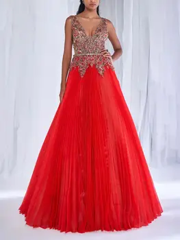 Evening Special Occasion Long Dress V-Neck Ujjatlan gyöngyös gyémántok Sexy Red Back Vestidos de Fiesta Elegantes Para Mujer 2023 Kép