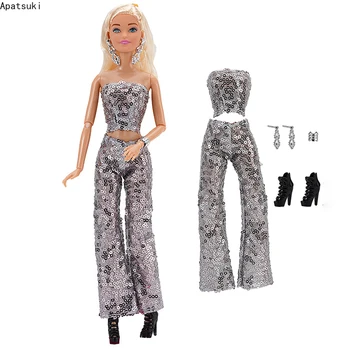 Ezüst flitteres felső nadrág Barbie baba ruhakészlethez Cipő Karperec fülbevaló ruhák 1/6 baba kiegészítők Gyerekjátékok Kép