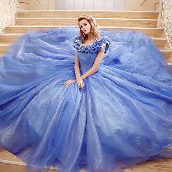Fancy Hamupipőke hercegnő báli ruha Quinceanera ruhák Kék organza le a vállról Édes 15 anos Tisztító báli ruha Kép