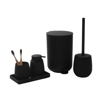 Fürdőszoba szett Kis szemetes, fogkefetartó, szappanadagoló, fésülködőasztal, WC-kefe és tartó (fekete) Kép