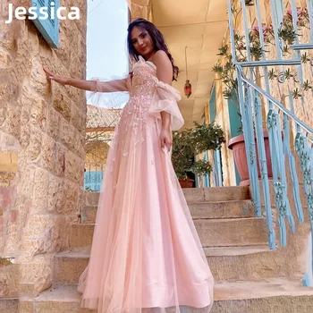 Jessica Sweetheart rózsaszín báli ruhák tüll rátétes estélyi ruhák 2024 Vestidos De Noche hercegnő puffos ujjú parti ruha Kép