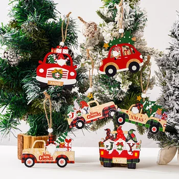 Karácsonyfa függő medál,Kreatív fa rajzfilm teherautó és autó alakja,Kézműves dísz karácsonyfához,Otthoni fal,Ajtódekoráció Kép