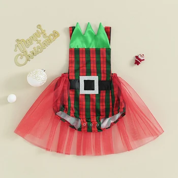 Kislányok Romper ruha karácsonyi ruha kockás mintás hálós jumpsuit ujjatlan csecsemő aranyos ruhák Kép