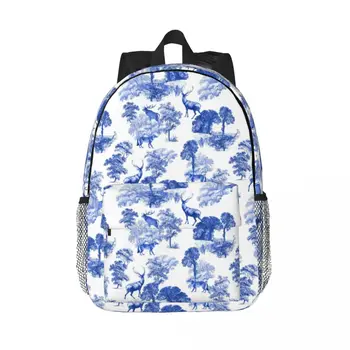 Kék francia toile szarvas erdei hátizsák Toile De Jouy vidéki főiskolai utazási táskák könyvtáska 15 hüvelykes laptop Kép