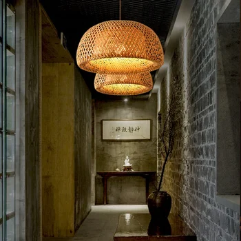Kézzel készített vintage függőlámpa Bambusz étterem Kávézó Csillárok Fa alap E27 izzó világítás Hotel hálószoba Belső klasszikus Kép