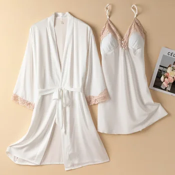 Menyasszony nők Nighty&köntös szett tavaszi nyári hálóruha Kimonó fürdőköpeny Gwon öltöny csipke hálóruha alkalmi szatén hálóing otthoni viselet Kép