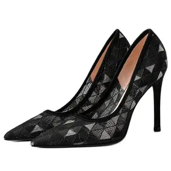 Mesh vékony magas sarkú cipő Új hegyes lábujj kényelmes üreges női cipő Női sarok Szexi pumpák Party cipők Kép