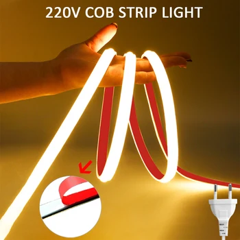  Nagy fényerejű 220V COB LED szalag fény ragasztó vízálló rugalmas szalag LED szalagfény hálószoba konyhához Kültéri világítás Kép