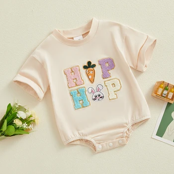 Newbron Baby Girl húsvéti ruhák rövid ujjú romper nyúl sárgarépa levél hímzés jumpsuit csecsemő baba ruhák Kép