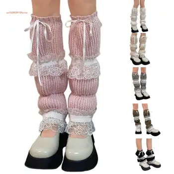 Nők Lolitas kötött hosszú zokni Y2K masni Fűzős Lábmelegítők Harajuku Booties Zokni Kép