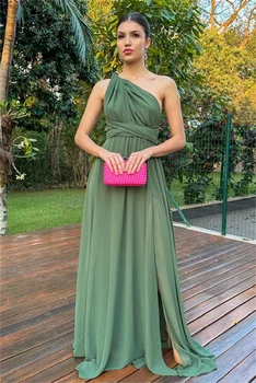 OIMG elegáns sifon báli ruhák egyvállas ruched zöld A-vonalú magas osztott rakott női estélyi ruhák Hivatalos partiruha Kép