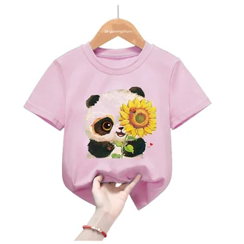 Panda Love Flowers Print rózsaszín póló lányoknak Harajuku Kawaii gyerekruhák Aranyos medve póló Harajuku ing nyári felsők Kép