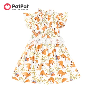 PatPat Toddler Girl ruhák 100% pamut Allover Fox Print Flutter-sleeve csipke részlet inges ruha Kép
