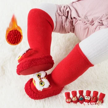 Piros ünnepi karácsony újévi gyapjú kör megvastagodott hercegnő baba cipő és zokni Kína szélcső csúszásmentes újszülött Kép