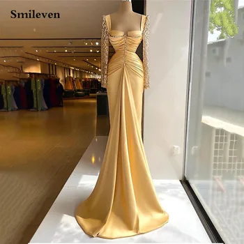 Smileven sárga sellő estélyi ruhák gyöngyös hosszú ujjú Szaúd-Arábia fűző báli parti ruha Édes koktélruhák 2023 Kép