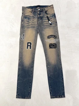 Streetwear Fashion Jeans for Men AM Új érkezés ábécé hímzés farmer nadrág Hiphop férfi karcsú sztreccs füstös szürke nyakkendőfesték Jean Kép