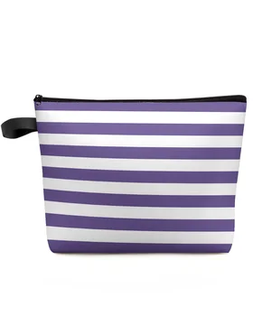 Stripes Lila fehér sminktáska tasak Utazási kellékek Lady Women kozmetikai táskák WC-rendszerező Gyerektároló Ceruza tok Kép