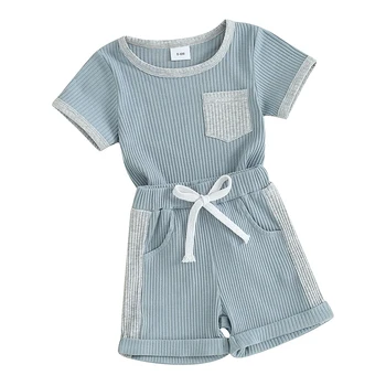Stílusos kisgyermek kisfiú ruha rövid ujjú ing felső rugalmas deréknadrág készlet aranyos nyári ruhák Kép