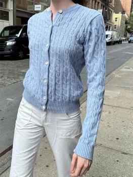 Twisted Flower Blue kötött pulóver Cardigan O-nyakú hosszú ujjú egymellű karcsú kabát 2023 őszi édes streetwear pulóverek Kép