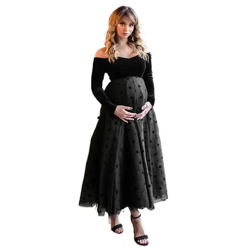 Tüll le vállról Kismama ruha fotózáshoz Pleuche le vállról hosszú ujjú terhességi ruha fotózáshoz Babaváró Kép