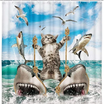 vicces macskazuhany függöny 3D nyomtatás Fun Cat Riding Shark fürdőfüggöny Blue Ocean Sea gyerek vízálló poliészter fürdőszobai függöny szett Kép