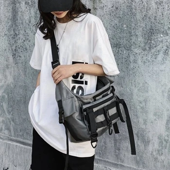 Váll gótikus fekete crossbody messenger táskák férfiaknak női vásárló nylon hip hop techwear táska derék gót postás Kép