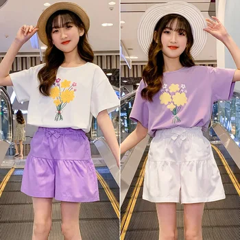 Új nyári kislány ruha szett rövid ujjú mintás póló+rövidnadrág 2db Kids Princess aranyos íj iskolai ruházati szett Kép