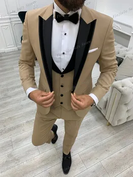 Új üzleti öltöny Vőlegény Vőlegény Férfiak Szmokingok Esküvői parti Hivatalos alkalom 3 részes szett kabát és nadrág E22 Kép