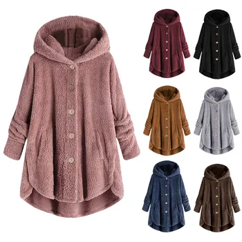 Őszi télikabát Nők meleg mackókabát Gyapjúkabát Női plüss kabát Kapucnis kabát Új női kabátok Egyszínű kabát Kép